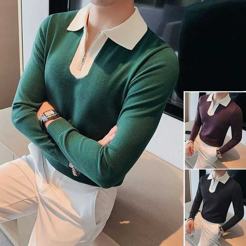 Trend Fashion Spring Autumn New Sweaters Mens Lapel Half Zipper Contrast Color Casual Loose Long Sleeve Pullovers Knitted TopsZ250918