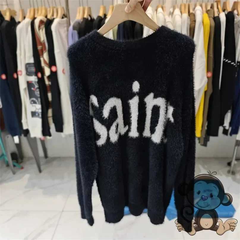 Big Jacquard SAINT Sweater Round Neck Sweatshirts Men Women Large White Pattern Label Knitt Sweater Black PulloversZ250918