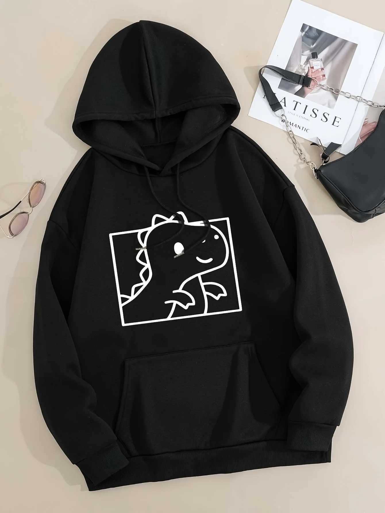 Cartoon Dinosaur Pattern Print 2025 Autumn Winter Womens Hoodie Casual Top Long Sleeved Hoodie Sweatshirt Womens ClothingZ250918