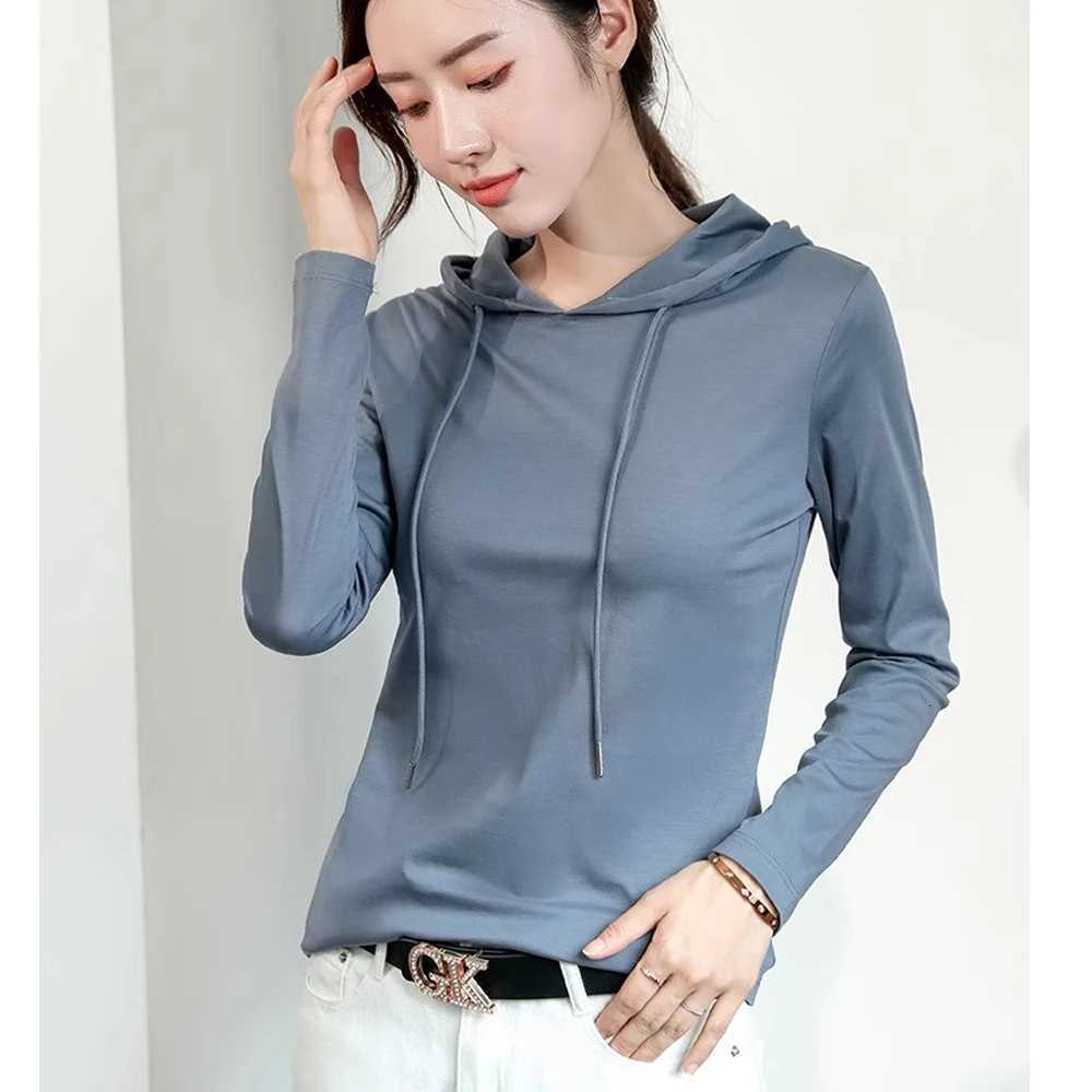 Silky cotton hooded sweatshirt Tshirt for women in spring 2025 new pure cotton versatile light luxury thin fashion base shirtZ250918