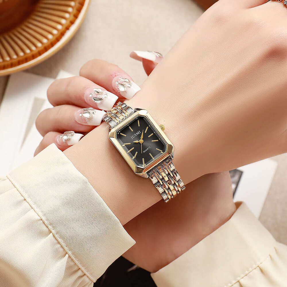 Fashionable and Exquisite Square Versatile Elegant Quartz Women's Watch Two-tone Alloy Strap Student Style