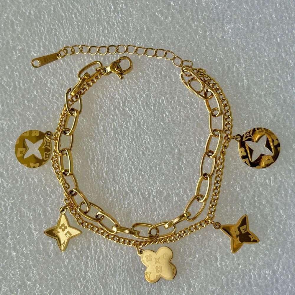 Stainless Steel Gold Vintage Four-Leaf Clover Horseshoe Messi Card Point Dia Bracelet Small Exquisite Wristband Anti- ddmypluto