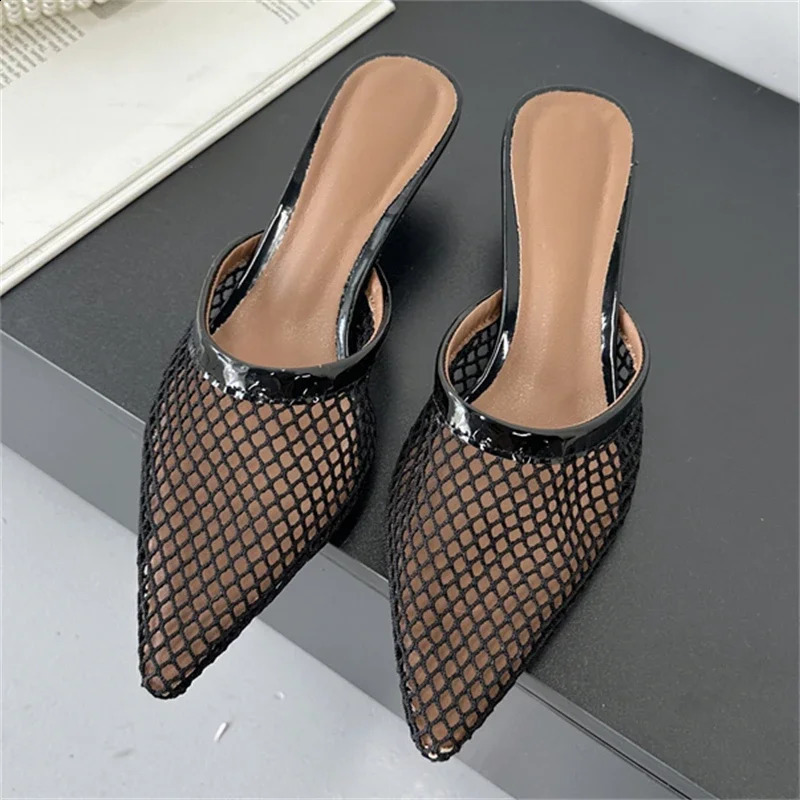 Eilyken Summer Fashion Hollow Out Mesh Women Slippers Sandals Pointed Toe Thin Low Heels Slingback Mules Shoes Zapatos De Mujer 250918