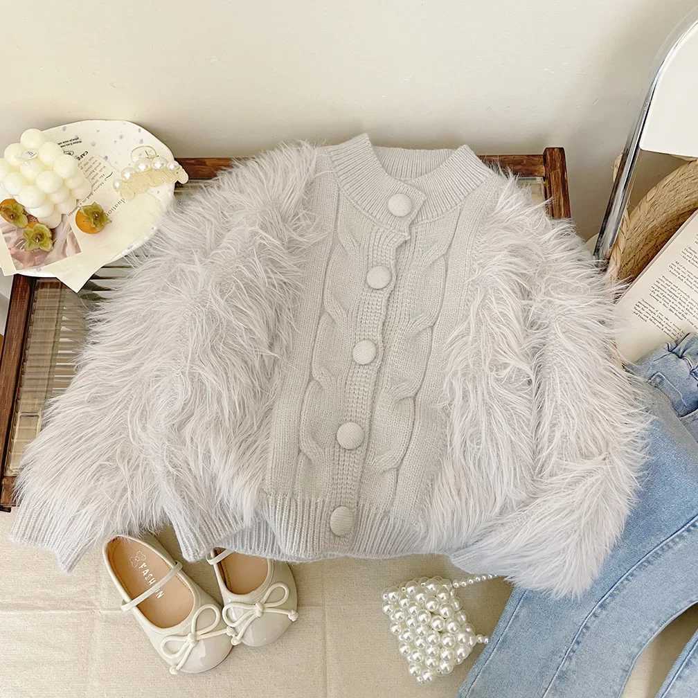 Girls Knitted Cardigan Autumn Winter New Childrens Fashion Faux Mink Fur Top Korean Version Sweater Jacket for Little Girls L250917