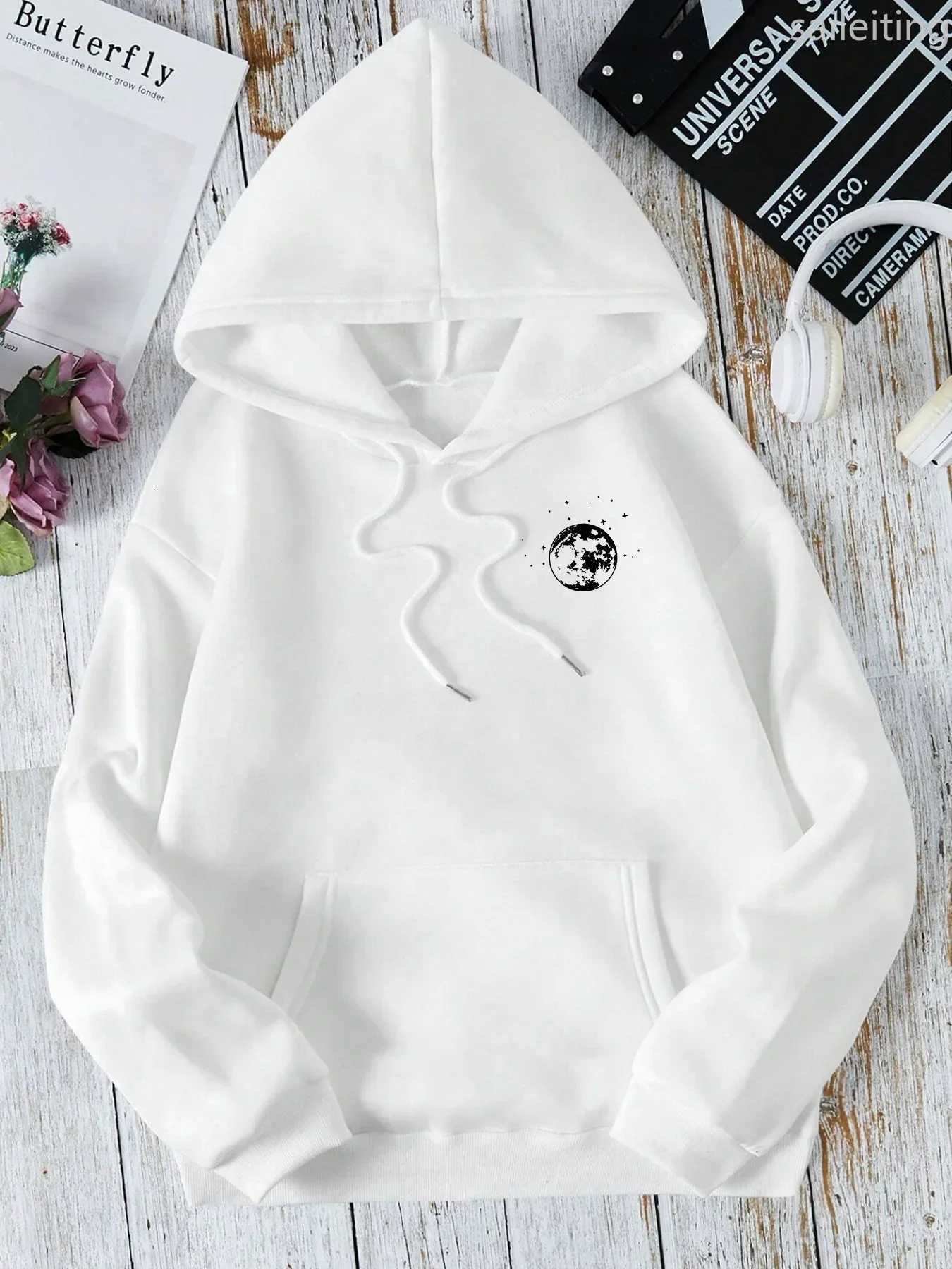 New with Different Moon Prints Front and Back Printed kangaroo pocket Hoodies Casual and Fashionable Womens ClothingZ250918