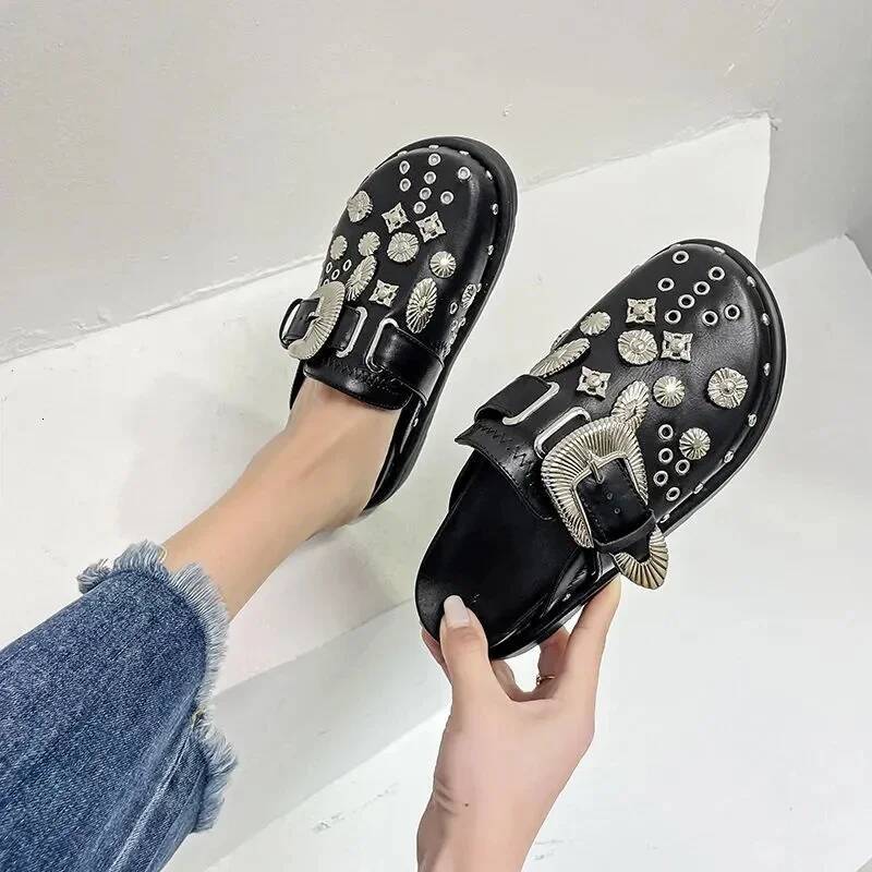 Summer Women Slippers Platform Rivets Punk Rock Leather Mules Creative Metal Fittings Casual Party Shoes Female Outdoor Slides ddmypanda