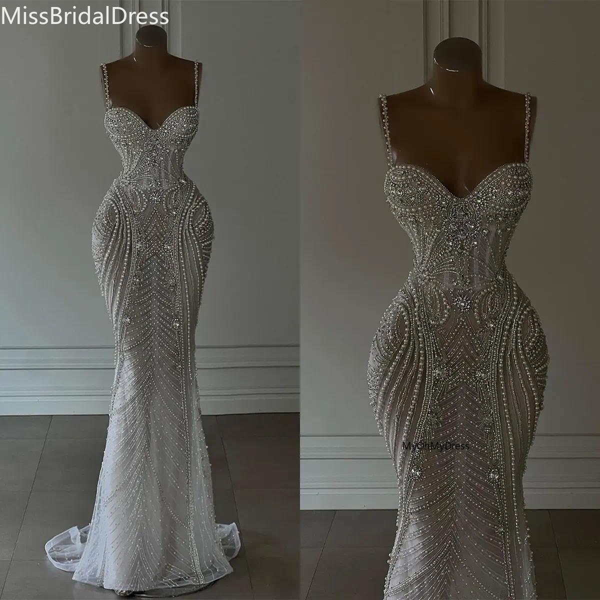 Luxurious Mermaid Wedding Dresses Spaghetti Sweetheart Pearls Chain Beads Backless Floor Length Custom Custom Made Plus Size Bridal Gown Vestidos De N