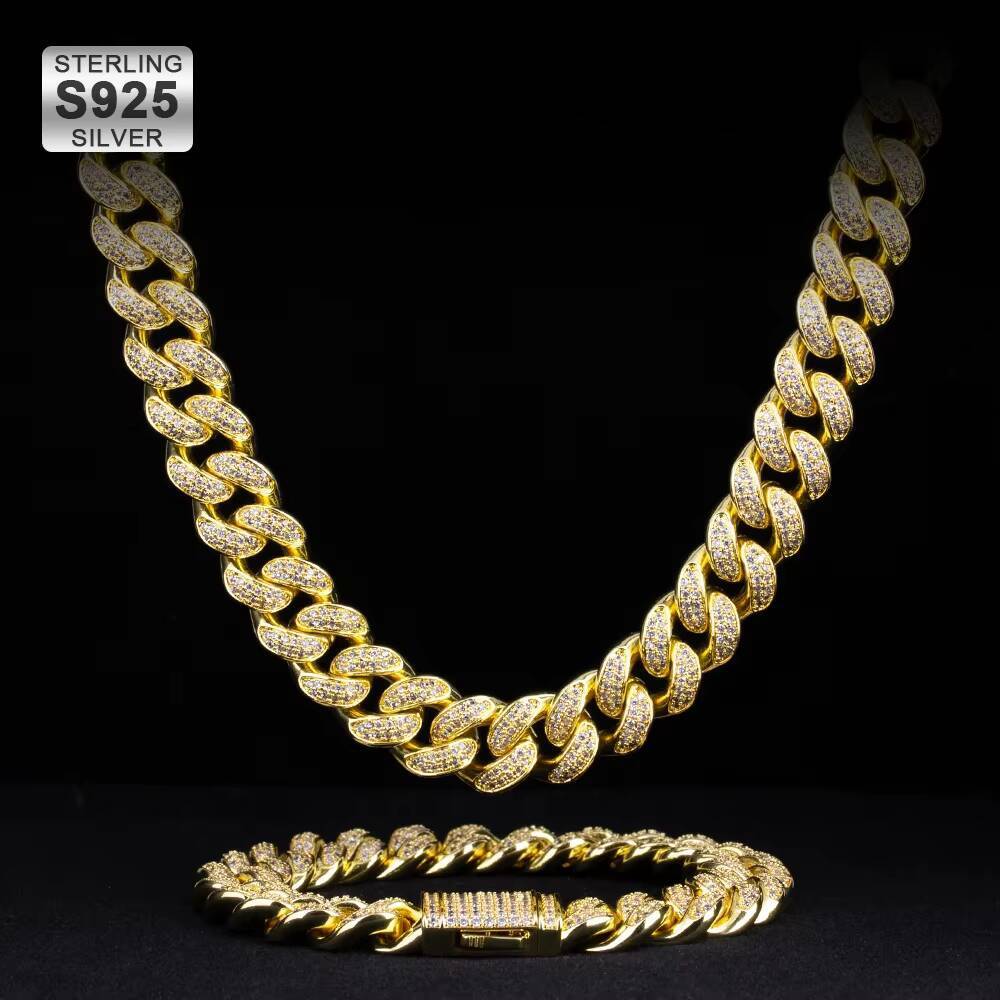 Wholesale KRKC 12mm AAAAA Iced Out Men Chain Real 100 925 Sterling Silver Jewelry Set Cuban Link Gold Silver Plated Bracelet