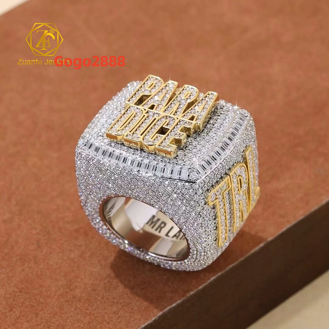 Custom GoldPlated 925 Silver Moissanite Ring with VVS Diamond Tester Iced Out Hip Hop Style Featuring Letter