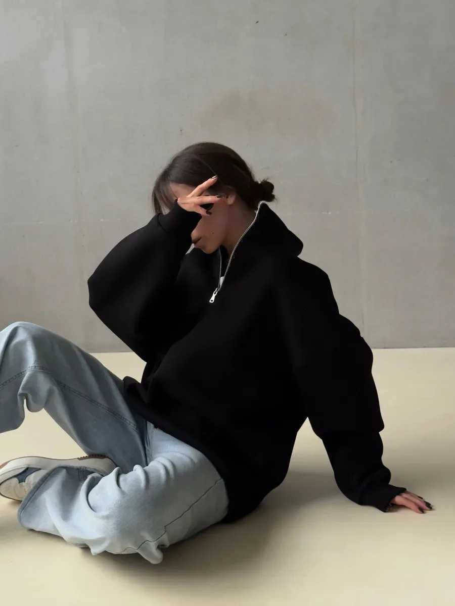 American Retro Half Zipper Alphabet Patch Long Sleeve Hoodie for Womens Outdressing Fashion Trendy Brand Top Womens ClothingZ250918