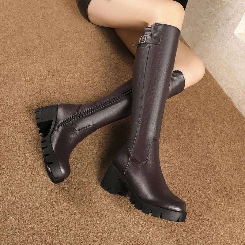 Casual Platform Snow Buckle Women Knee High Boots Warm Fur Winter Riding Boot Female Black Brown Shoes Large Size 45