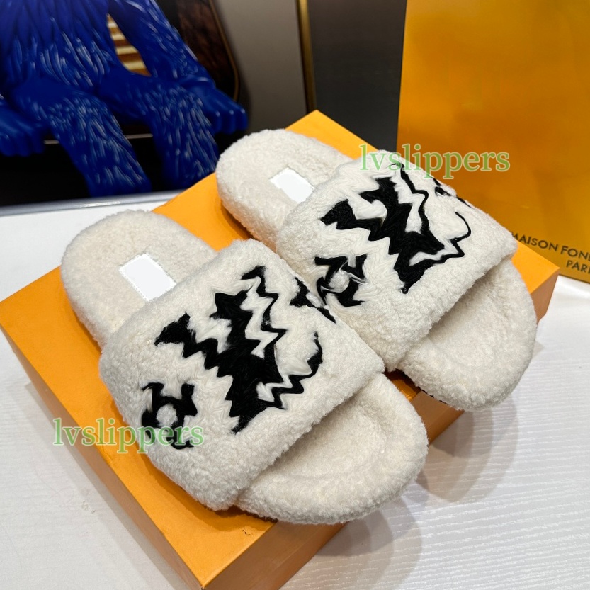 Designer Wool Slippers Slides Ladies Luxury Winter Fur Fluffy Furry Warm Letters Sandals Flat Fashion Women Sliders Comfortable Fuzzy Girl Flip Flop Slipper 35-45
