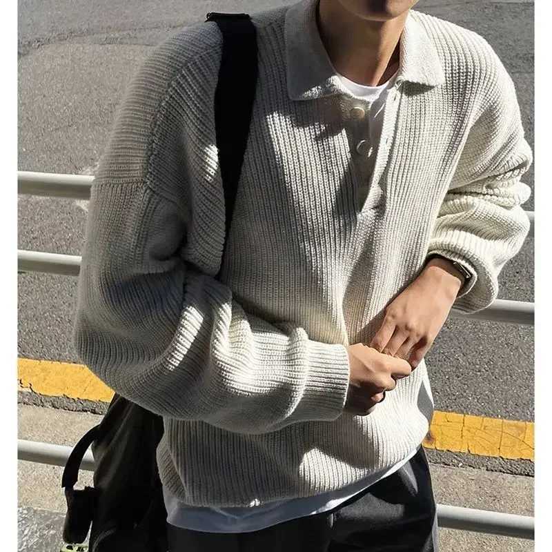 Autumn Winter Polo Neck Sweater Men Loose Retro Casual Turndown Collar Knitwear Korean High Street Versatile Sweater HarajukuZ250918