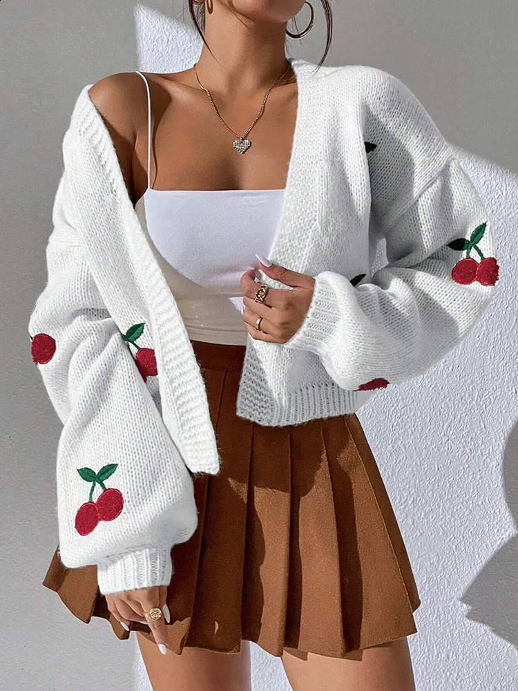 Fashionable low shoulder cherry embroidery pattern cardigan sweater womens loose jacket knitted sweater 250918