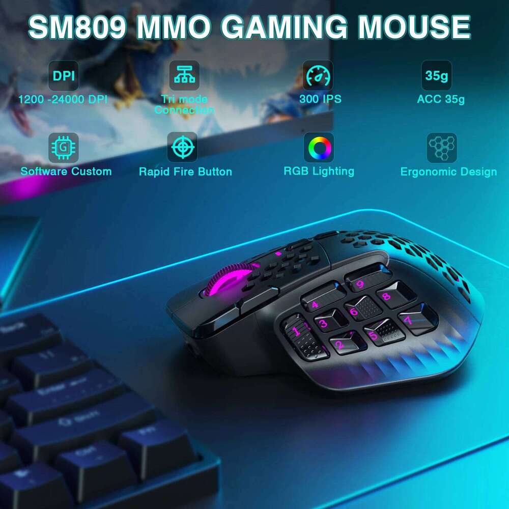 SOLAKAKA Sm809 Pro MMO Gaming Mouse Paw3311 16 Side Buttons 24000 DPI RGB Honeycomb Programmable Ro Wireless Mouse
