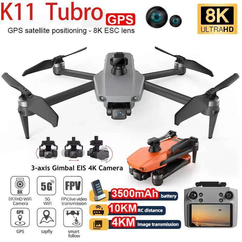 Camera Drone GPS Professional Drone K11 Tubro With 8K Dual Cameras 3-Axis Gimbal Joint Brushless FPV 5.8G Image Transmission 4Km Quadcoptr