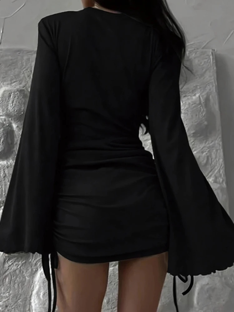Sexy Mini Black Dress Flare Long Sleeve n Chic Drawstring Pleated Female Elegant Streetwear Short Dresses 250918