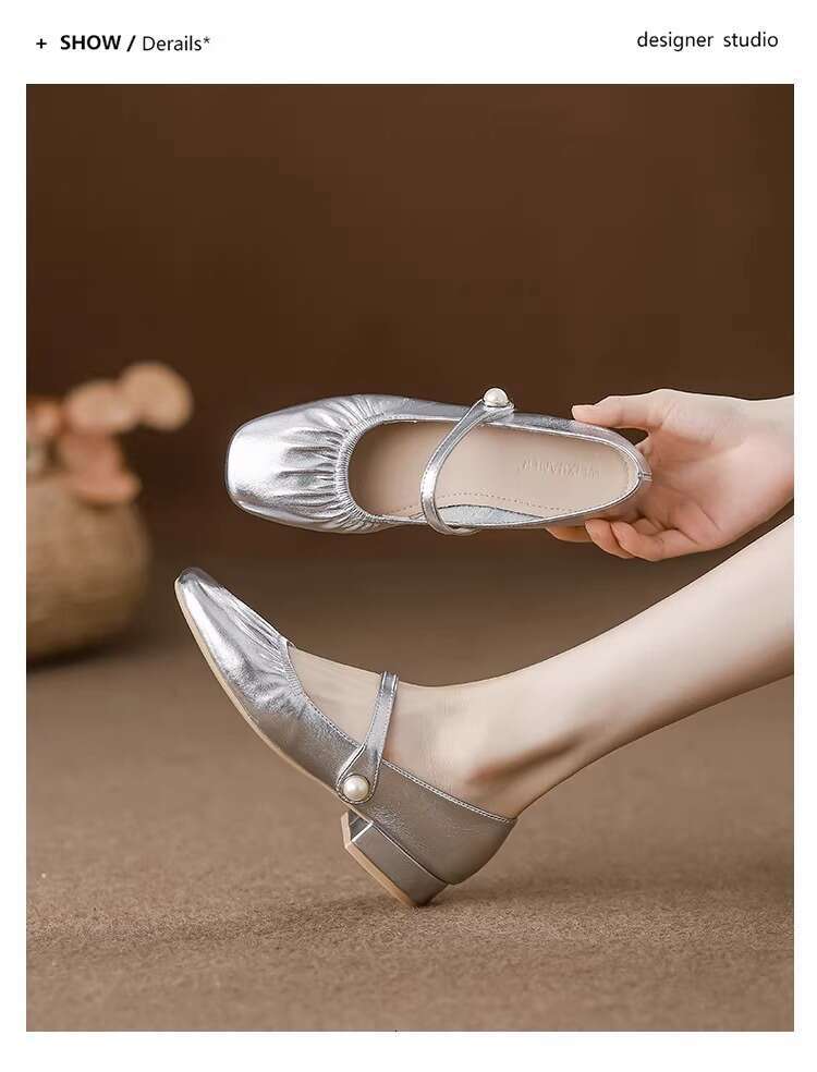 Silver Shallow Mouth Single for Women 2025 Spring New Wrinkled Square Toe French Evening Style Chunky Heel Mary Jane Shoes