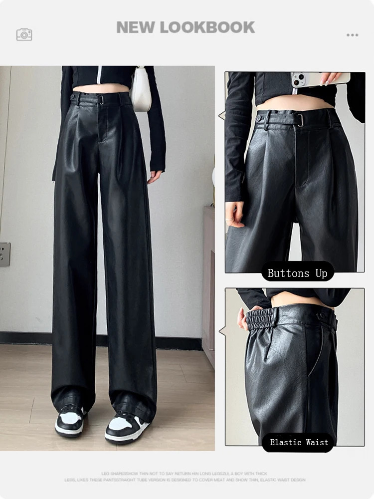 Autumn Winter Leather Pants For Women Korean Fashion Wide Leg Loose Black Trousers Woman High Waisted Pantalones 250917
