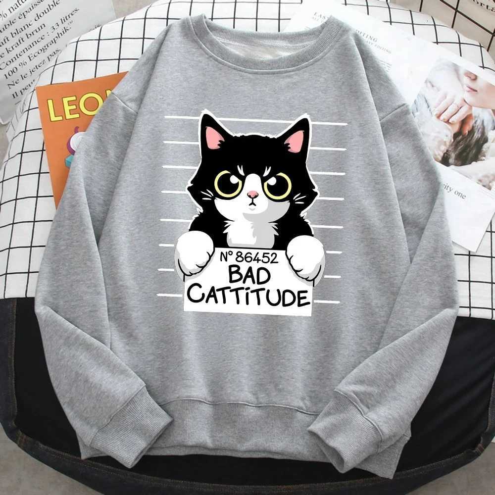 Autumn Winter Womens Pullover No86452 Bad Cattitude Funny Cat Print Hoodie Fleece AllMath Sweatshirts Warm Crewneck Ladies TopsZ250918