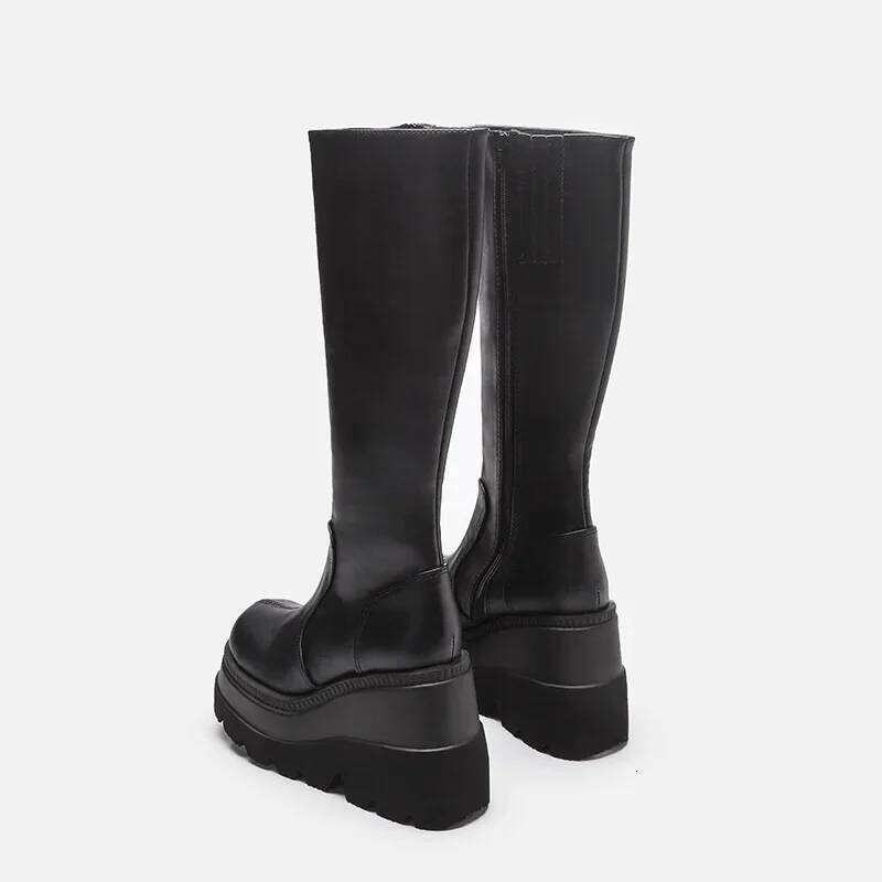 Fashion Wedge-heeled Mid-tube Ladies Gothic Style Thick-soled Motorcycle Knight Slim High Platform Cowboy Boots