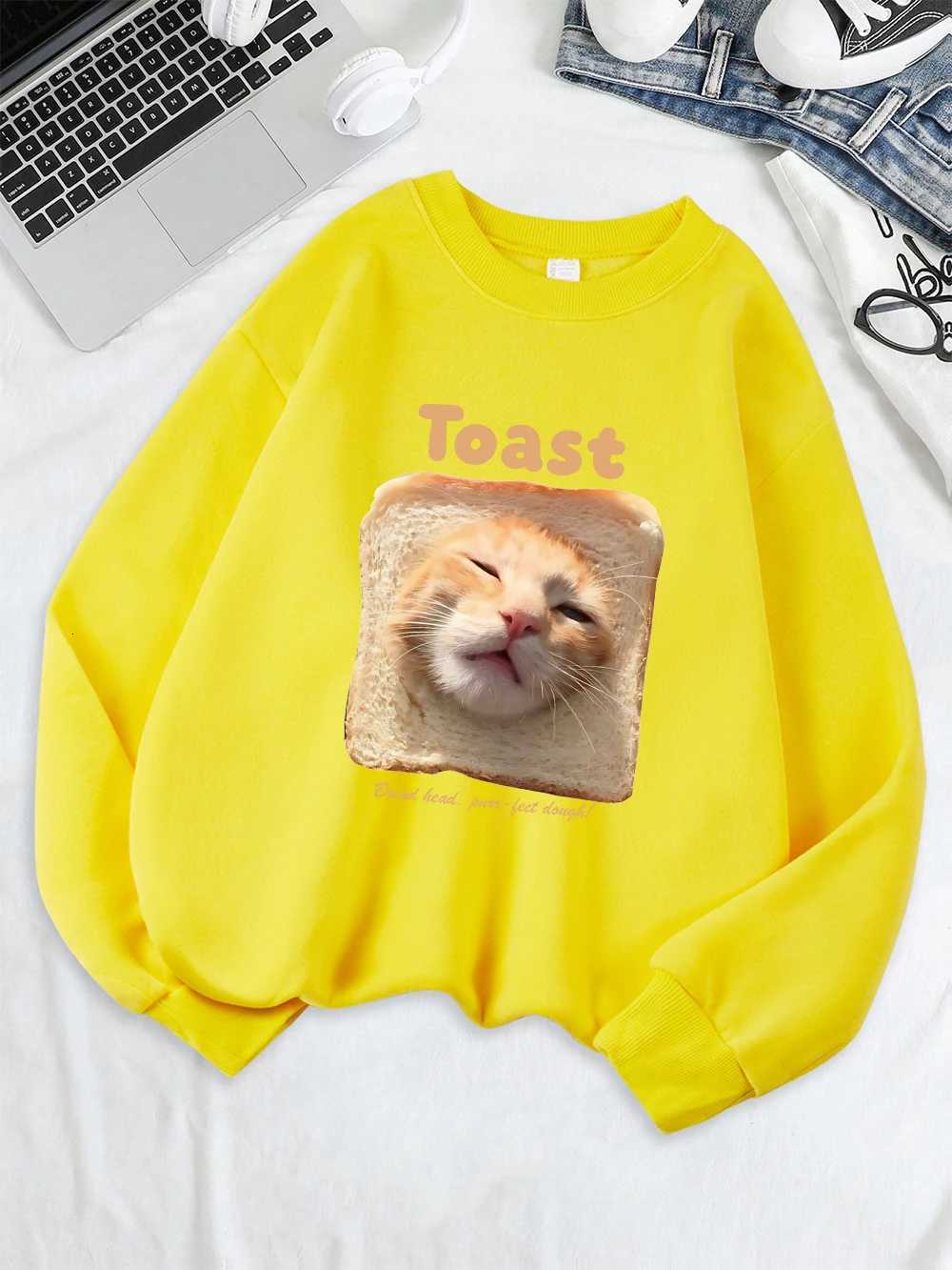 Toast Cat Funny Printing Sweatshirts Womens Winter Hoodie Casual Crewneck Pullover Warm Comfortable Women ClothesZ250918