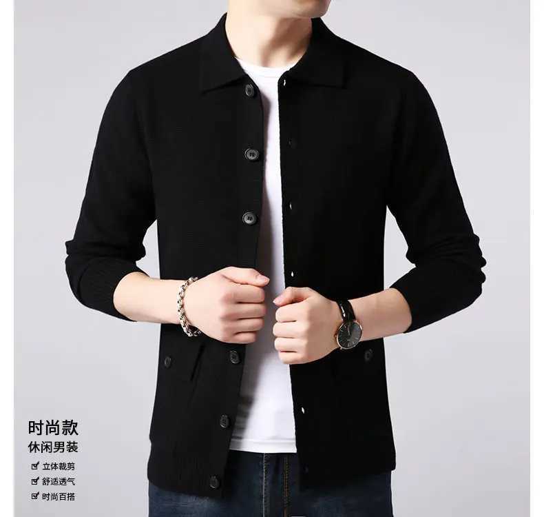 Mens Middleaged and Young Solid Color Cardigan New Sweater Jacket Lapel Pocket Sweater Loose Casual KnittedZ250918