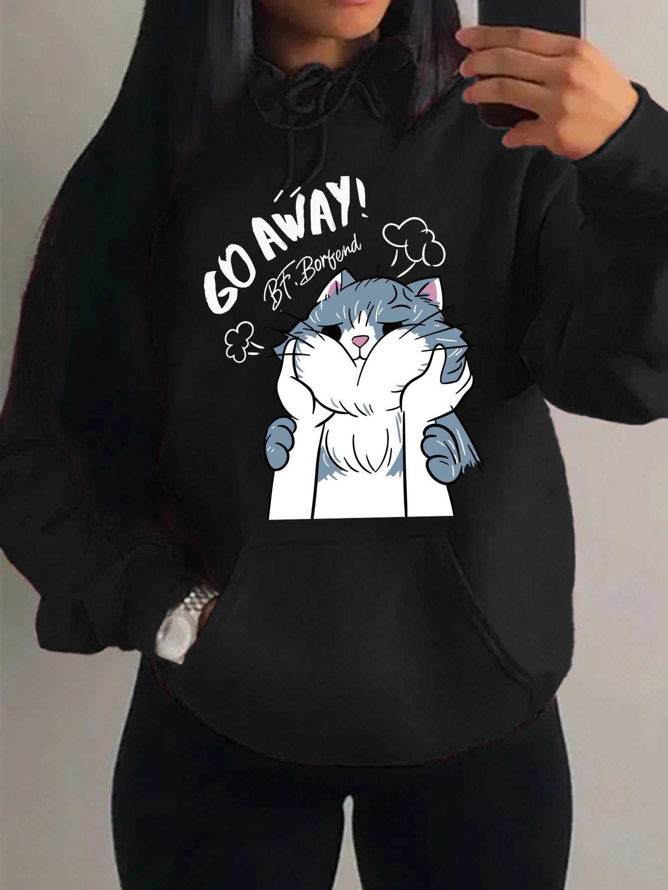 Go Away The Touched Cartoon Cat Printing Women Hoodie Casual 2025 Winter Hoodies Sweatshirt Comfortable Fleece SportswearZ250918