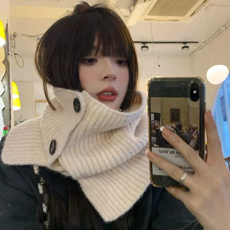 Wen Solid Color Buttons Scarf Winter Woolen Knitted High Neck Covers Shl Windproof Girls Warm Snood Scarves Y250918