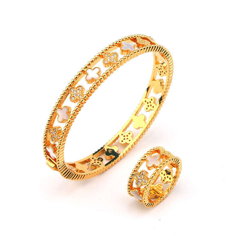 Fashion Casual Lucky Four-Leaf Agate Bracelet Ring Set Micro Pave Zirconia Small Elegant Hand Jewelry ddmypluto