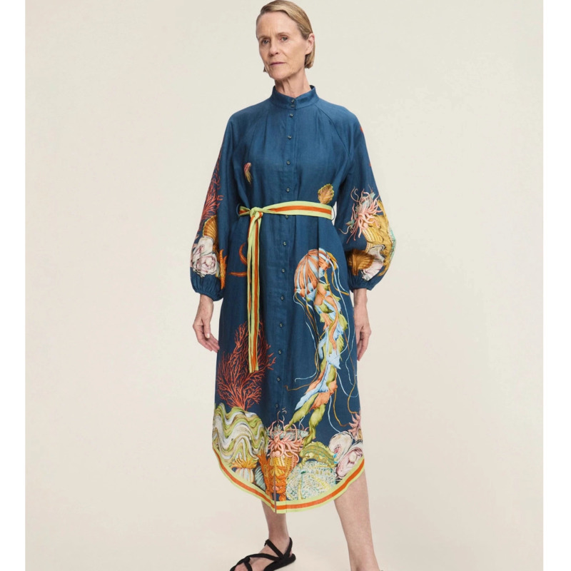 Women Dresses Designer 2025 New Fashion Casual Elegant Linen Printed Tie Shirt Dress 11 Colors