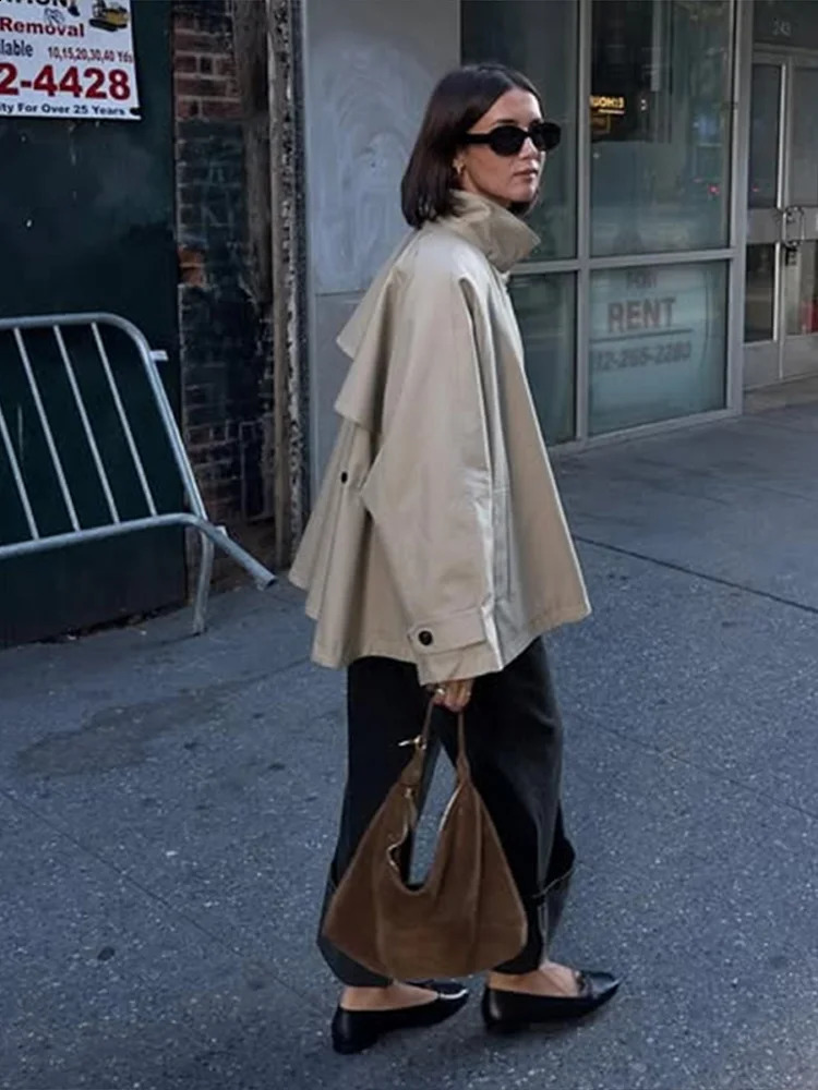 Retro Loose High Neck Zipper Trench Women Casual Khaki Single Button Short Jackets Female 2025 Chic Versatile Street Outwear 250918