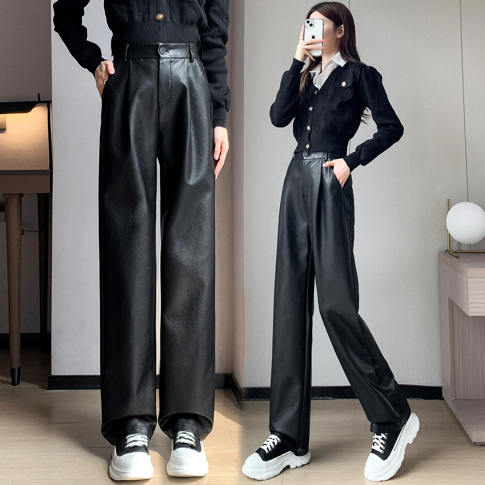 Autumn Winter Leather Pants For Women Korean Fashion Wide Leg Loose Black Trousers Woman High Waisted Pantalones 250917