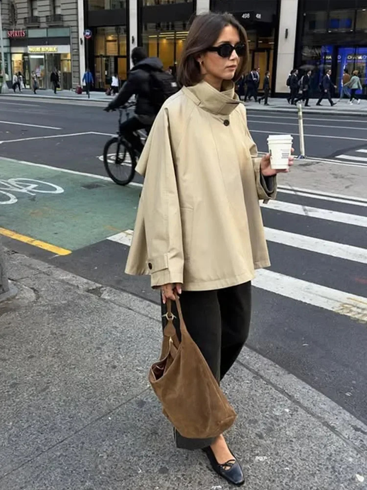 Retro Loose High Neck Zipper Trench Women Casual Khaki Single Button Short Jackets Female 2025 Chic Versatile Street Outwear 250918