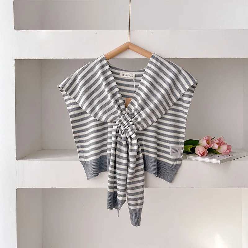 2025 Korean Striped Knitted Warm Shl Winter Fem Blouse Shoders Fake Collar Ce Knotted Scarf Stripe Outerwear New Y250918