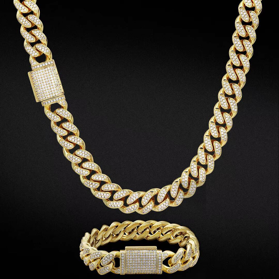 KRKC 12mm Hip Hop Men Iced Out Moissanite Chain Set White 14k Gold Cuban Bracelet Moissanite Diamond Real Cuban Link Chain Necklace
