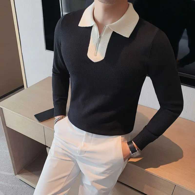 Trend Fashion Spring Autumn New Sweaters Mens Lapel Half Zipper Contrast Color Casual Loose Long Sleeve Pullovers Knitted TopsZ250918