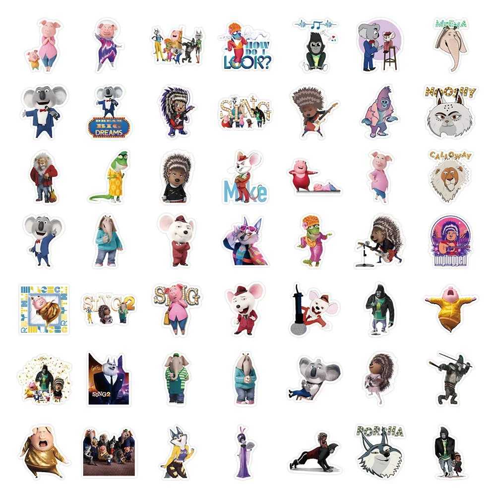 50pcs Sing 2 Movies Stickers Buster Moon Cartoon Sticker Laptop Skateboard Guitar Phone Notebook Car Bike Kid Decal Toys C250918