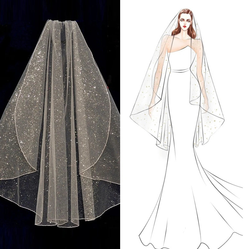 B62 Short Bridal Veil with Comb Pencil Edge Wedding Veil Turkish Veil Glitter Veil White Champagne Bride Veil 250917