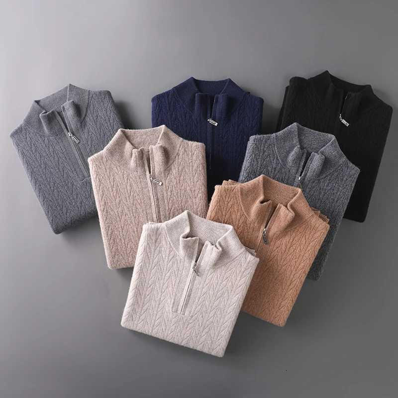 100 Merino Wool Jacquard Pullovers Mens Mockneck Zipper Sweater Autumn Winter Thick Warm Cashmere Knitwear Smart Casual TopZ250918