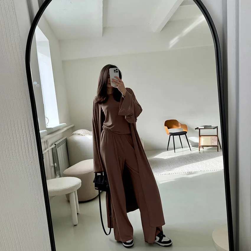 Women Fashion Lounge Set Vintage 3 Piece Outfit Spring Autumn O Neck Waist Tie TshirtElastic Waist Pants Long Sleeve Crop Tops 250918