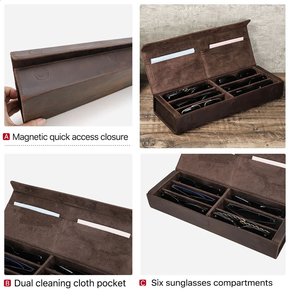 Retro Genuine Leather 23468 Grids Eyeglasses Storage Box Sunglasses Glasses Display Case Family Travel Organizer 250918