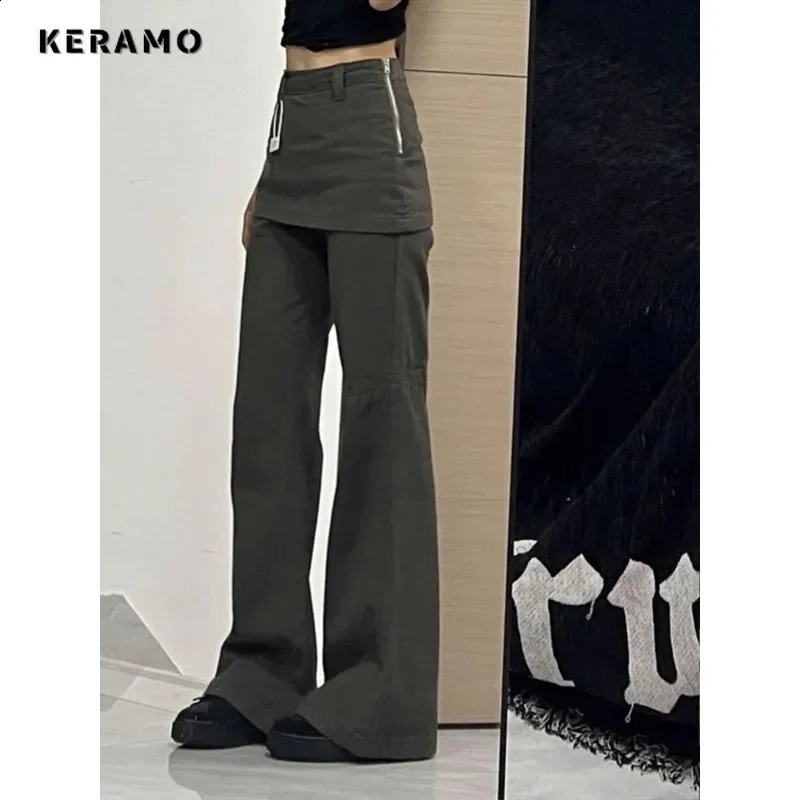 Harajuku Patchwork High Waist Flared Jeans Female Retro Green Y2K Pants Hight Street Womens Vintage Solid Color Denim Trouser Z260313