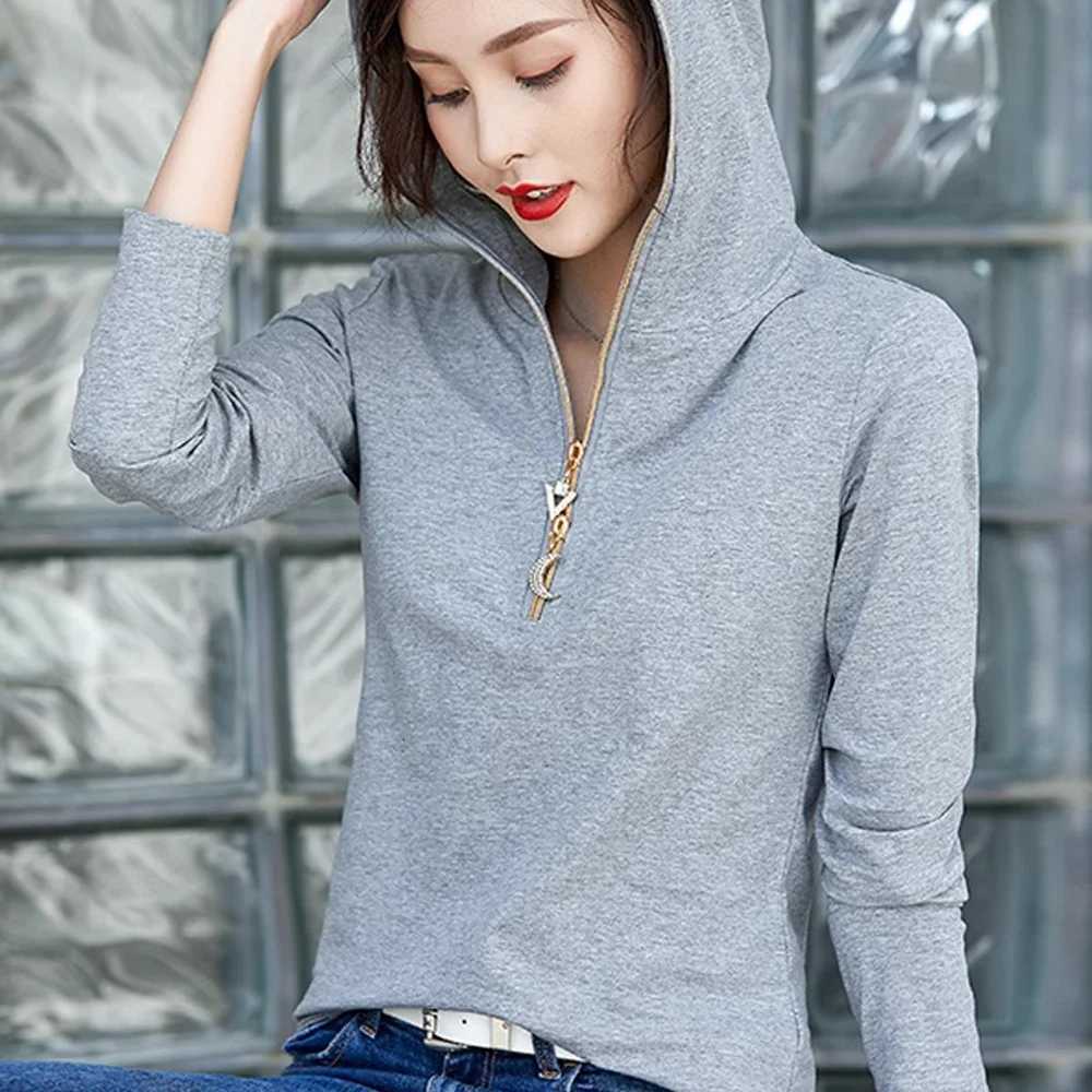 Womens 2024 new spring and autumn long sleeved hooded rose red top womens plus size tshirt thin cut hooded zip chain trendyZ250918