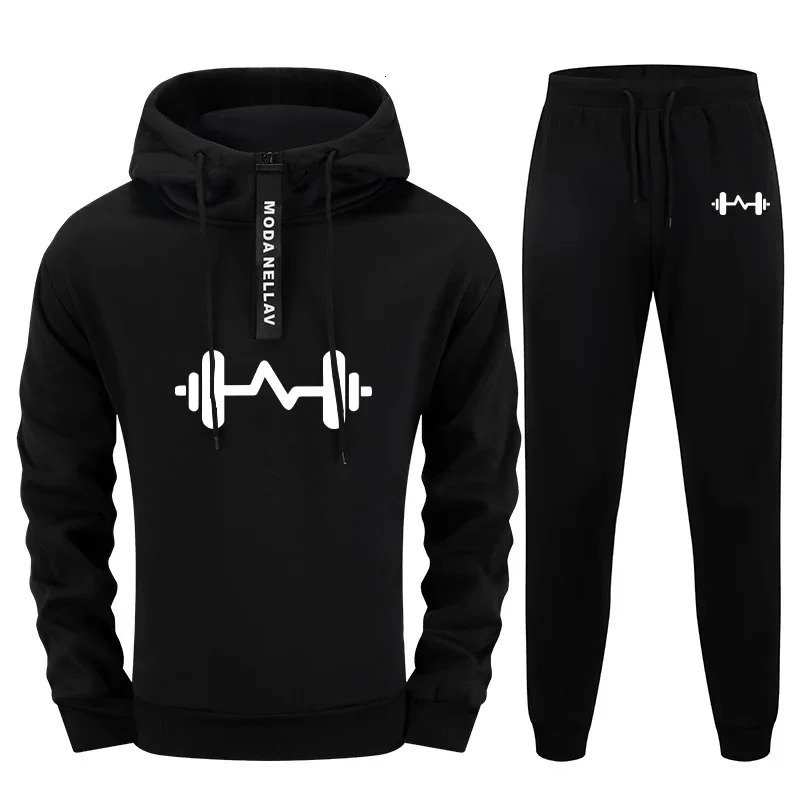 2025 Essential Men Tracksuit Set Urban Streetwear 2 Pieces Half Zip Hoodie with Sweatpants Autumn Winter Sporty Fitness Outfits 250917