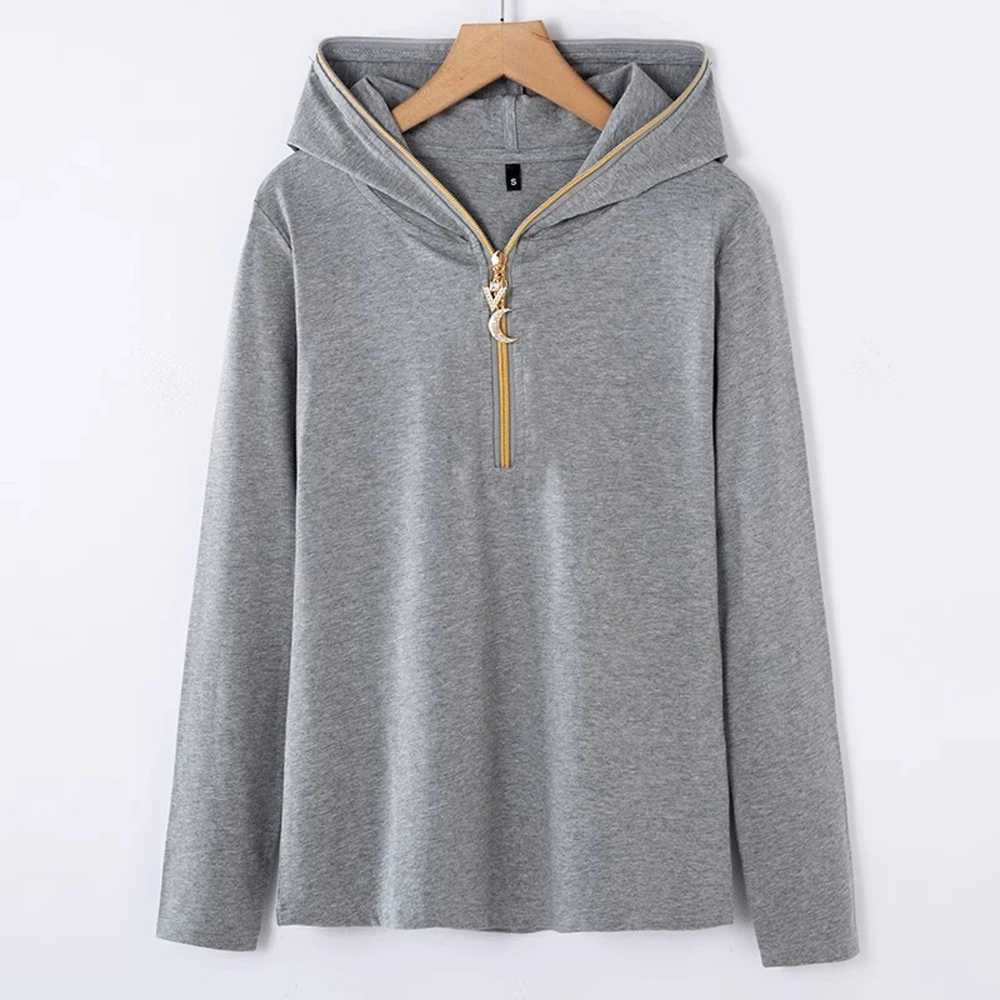 Womens 2024 new spring and autumn long sleeved hooded rose red top womens plus size tshirt thin cut hooded zip chain trendyZ250918