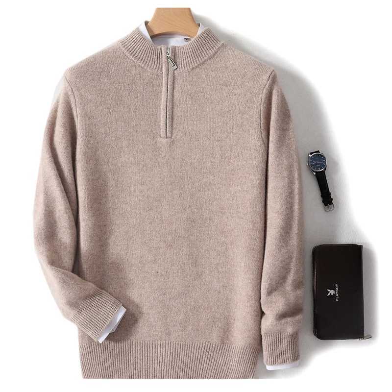Mens Autumn Winter 100 Merino Wool Cashmere HalfZip HalfHigh Neck Pullover Stylish Casual Sweater HighQuality Classic KnitZ250918