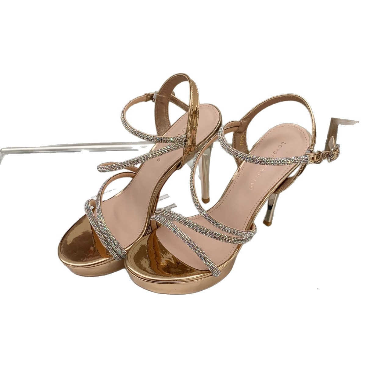 2025 New round toe waterproof platform high heels, sandals, women's shoes, thin heels, casual daily wear, rhinestone style, one-shoulder buckle s