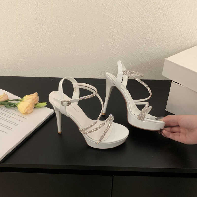2025 New round toe waterproof platform high heels, sandals, women's shoes, thin heels, casual daily wear, rhinestone style, one-shoulder buckle s