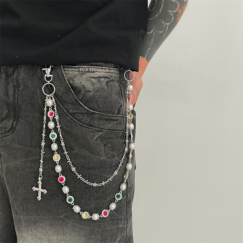 Salircon Exquisite Cross Pendant Imitation Pearl Keychain Belt Chain Men Women Punk Trousers Jeans Chain HipHop Jewelry 250917 - view 9